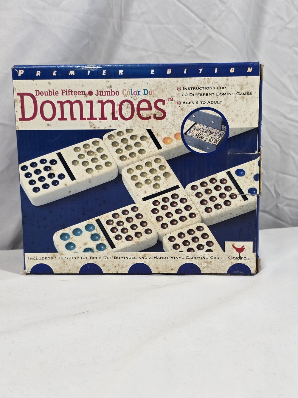 Vintage 1997 Cardinal Premier Edition Double Fifteen Jumbo Color Dominoes Set